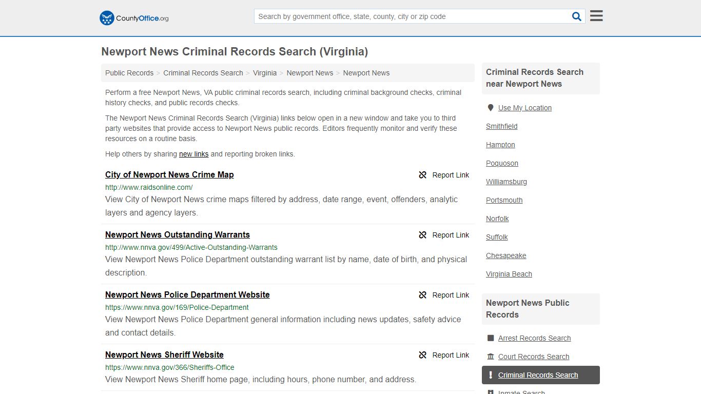 Newport News Criminal Records Search (Virginia) - County Office